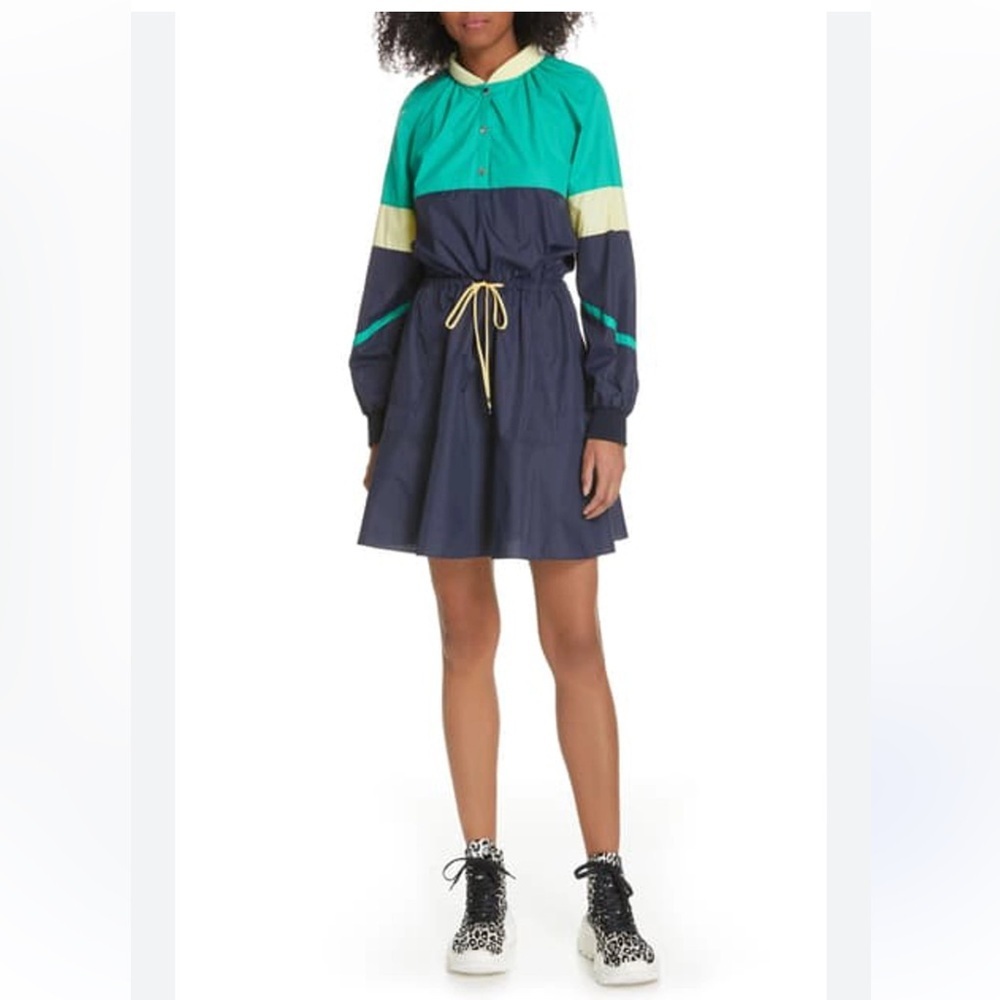 Tibi Lightweight Colorblock Long Sleeve Dress Navy/Green/Yellow | S